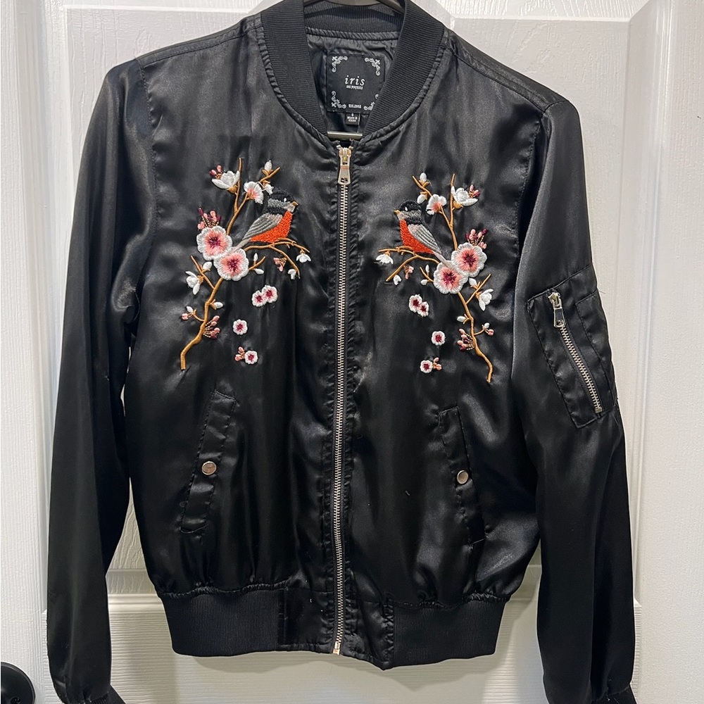 Iris Black Floral Embroidered Bomber Jacket